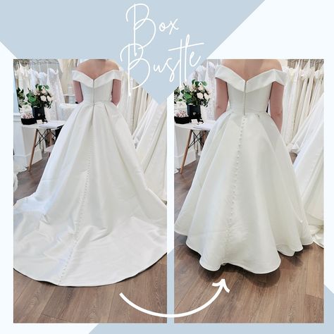 Box Bustle on a plain dress! 🪡 Thank you for all the love for yesterday’s post about the lace box bustle! Here is another, this one on a beautiful plain satin gown. Now I have to come clean here… I always give my brides a few ideas of bustles that might work, and suggest they do a bit of Pinterest or Insta research if they’re not sure. This awesome bride did exactly that and came back with the idea for this box bustle! And isn’t it just amazing on her gown?! So a huge THANK YOU to the bride... Hidden Bustle Wedding Dress, A Line Bustle, Side Bustle Wedding Dress, French Bustle Wedding Dress, Bustle Wedding Dress Styles, Ball Gown Bustle, Bustle Types, French Bustle, Dress Bustle