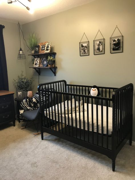 Green Nursery Black Crib, Black And Green Nursery, Nursery With Black Furniture, Nursery Black Furniture, Black Furniture Nursery, Nursery Ideas Black, Green Baby Boy Nursery, Black Nursery Furniture, Black Crib Nursery