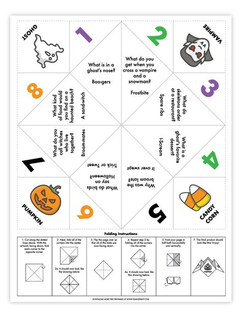 Writing Halloween Activities, Halloween 3rd Grade Craft, Halloween Cootie Catcher, Halloween Student Activities, Halloween Classroom Party Activities, Halloween Crafts For Fifth Graders, Halloween Activities School Age, Fourth Grade Halloween Crafts, Halloween Cootie Catcher Free Printable