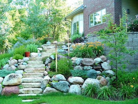 Stone Slab Stairs Hillside Landscaping Ideas Yard Hill Landscaping, Front Yard Hill Landscaping, Landscaping Stairs, Steep Hillside Landscaping, Landscape Boulders, Garden Potting Shed, Boulder Retaining Wall, Slope Landscape, Curb Appeal Garden