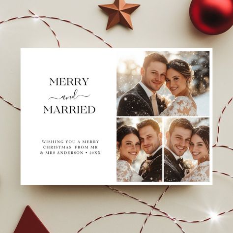 Whimsy Script Merry and Married Christmas 3 photo Newlywed Christmas Card Ideas, Newlywed Christmas Card, Newlywed Card, Merry And Married, White Christmas Card, Christmas Card Ideas, Black And White Christmas, Newlywed Christmas, Elegant Typography