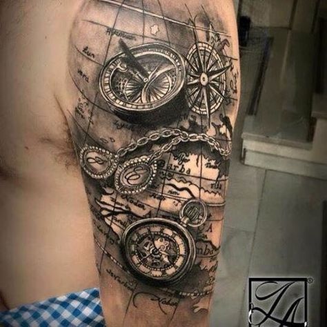 Sextant Tattoo, Voll Arm-tattoos, Nautical Tattoo Sleeve, Tattoo Themes, Compass Tattoo Design, Map Tattoos, Mens Shoulder Tattoo, Nautical Tattoo, Irezumi Tattoos