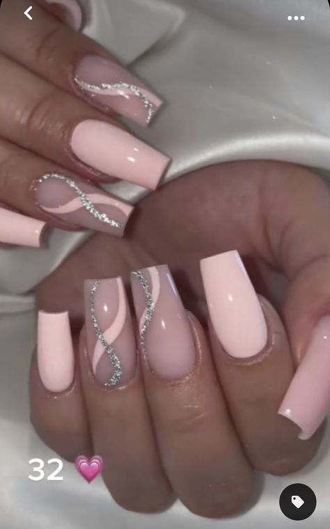 White Acrylic Nails With Glitter, Silver And Pink Nails, Silver Sparkly Nails, Pink Sparkly Nails, Sweet 16 Nails, Silver Acrylic Nails, Cats And Pumpkins, Nails Sparkly, Acrylic Nail Designs Coffin