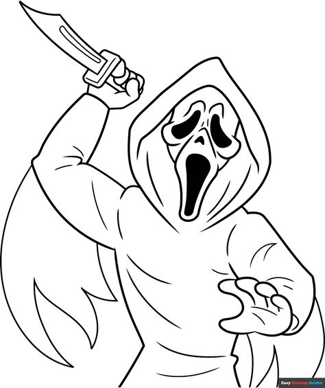 Free, printable Ghostface from Scream coloring page for kids. Print it out or color it online. Scooby Doo Stencil, Easy To Draw Ghost, Ghost Face Coloring Pages, Ghostface Coloring Page, Horror Movie Coloring Pages, Ghostface Outline, Scream Drawing Easy, Ghost Face Drawing Easy, Ghostface Drawing Easy