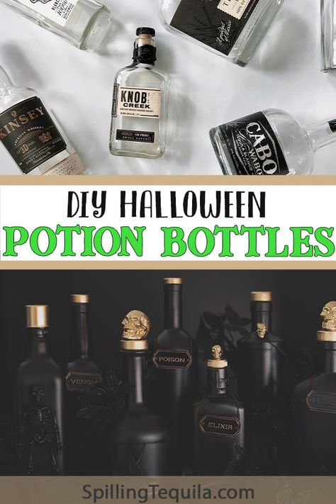 Do you need a quick and easy Halloween decoration that also recycles some of your old alcohol bottles? These DIY Potion Bottles are both elegant and spooky and only take about 30 minutes from start to finish. Halloween Decor Bottles, Diy Liquor Bottle Crafts Halloween, Diy Halloween Apothecary Bottles, Diy Wine Bottle Halloween Crafts, Diy Spooky Bottles, Halloween Glass Jars Diy, Halloween Glass Bottle Crafts, Halloween Liquor Bottles, Diy Old Bottles Decor