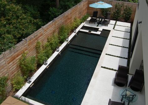 Modern Swimming Pool with exterior tile floors, Pathway, Lap pool, Fence Modern Swimming Pool, Outdoor Renovation, Swimming Pool Photos, House Pool, Pool Water Features, Pool Remodel, Rectangular Pool, Modern Pools, Small Pools