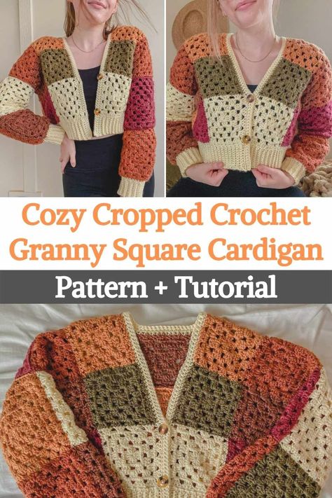 Learn how to crochet an easy cardigan with this pattern. The design, colors, and name are inspired by the fall season and Thanksgiving! It turned out to be a great project using granny squares to give the cardigan a cozy texture, and while the colors chosen for it were heavily influenced by fall, it's also perfect for winter. As with any crochet project, you can change the colors of this cardigan to reflect any season or color scheme you desire! For this cardigan, you will use medium-weight... Lily Cardigan Crochet, Granny Square Crop Cardigan, Cropped Granny Square Cardigan Pattern, Crochet Granny Square Patchwork Cardigan, Crochet Crop Cardigan Pattern, Fall Granny Square Cardigan, Crochet Squares Cardigan, Granny Square Cropped Cardigan, Crochet Granny Cardigan