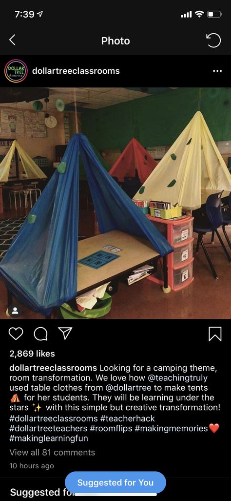 Camp Room Transformation, Camp Out Classroom Ideas, Classroom Tent Ideas, Camping In Classroom, Camp Classroom Transformation, Classroom Diy Decorations, Camping Room Transformation, Camping Theme Classroom Door, Classroom Camping Day