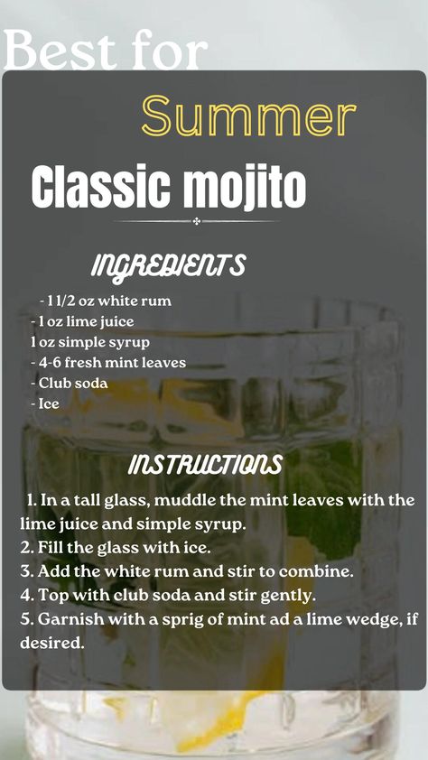 Mojito Recipes, Easy Mojito Recipe, Mojito Recipe Classic, Cocktails Easy, Christmas Cocktails Easy, Mojito Ingredients, Classic Mojito, Alcohol Beverages, Creative Cocktails