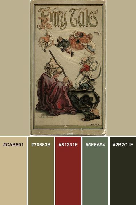 Fairy tales old book cover color palette Old Vintage Color Palette, Library Aesthetic Color Palette, 19th Century Color Palette, Antique Colors Palette, Vintage Art Color Palette, Old Book Color Palette, Fairy Colors Palette, 1800 Color Palette, 1910s Color Palette