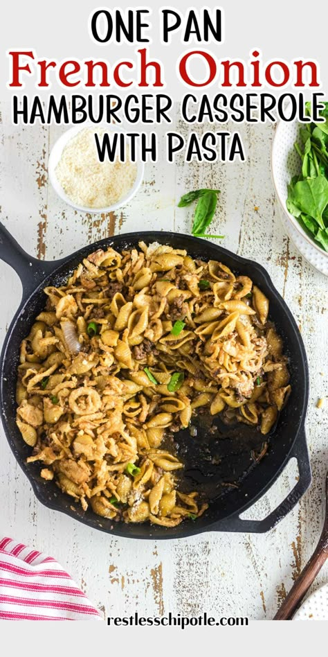 You'll love the cozy, heartwarming flavors of my one pot French Onion Hamburger Casserole. This dish is a melty, savory masterpiece, marrying the rich tastes of French onion soup with the simplicity of a classic burger. Perfect for a weeknight dinner or a special occasion, it's a crowd-pleaser! French Onion Hamburger Casserole, French Onion Ground Beef Casserole, Ground Beef Noodle Casserole, French Onion Beef And Noodles, Simple Summer Meals, French Onion Beef Casserole, Onion Beef Casserole, French Onion Ground Beef, Casserole With Pasta