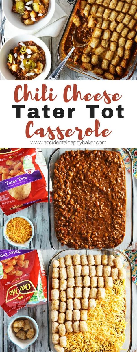 Chili Cheese Tater Tot casserole is an easy make ahead weeknight meal. A hearty beef and bean chili base is topped with gooey melted cheddar cheese and finished with crispy tater tots. Chili Cheese Tater Tot Casserole, Cheese Tater Tot Casserole, Bacon Tater Tots, Chili Cheese Tater Tots, Tots Recipes, Chili Base, Beef And Bean Chili, Breakfast Crockpot, Hamburger Meals