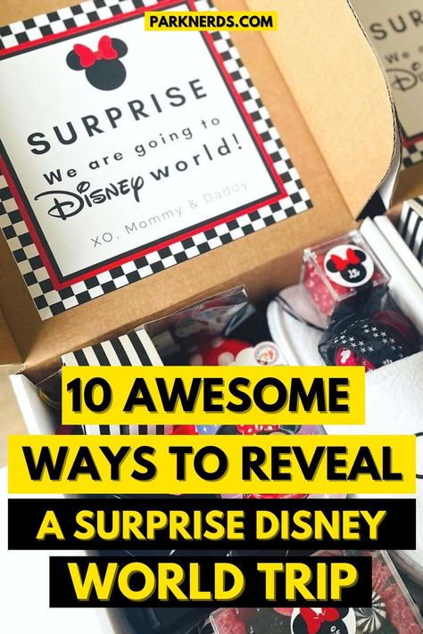 10 Awesome Ways To Reveal A Surprise Disney World Trip Disney Trip Box Reveal, Disneyland Box Surprise, How To Gift A Disney Trip For Christmas, First Disney Trip Gift Basket, Disney For Christmas Gift, How To Give Disney Trip For Christmas, Disney World Gift Basket For Kids, Disney Vacation Christmas Gift, Disney Ticket Gift Ideas