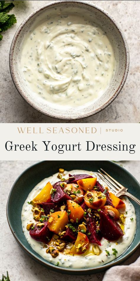 You'll love this thick, creamy Greek Yogurt Dressing with everything from roasted root vegetables to grilled meats. Flavored with herbs, garlic, and lemon, it's simple to make and full of flavor! GF #wellseasonedstudio #greekyogurt #greekyogurtdressing #saladdressing Greek Yogurt Dressing Recipes, Yogurt Dressing Recipe, Greek Yogurt Salad Dressing, Greek Yogurt Sauce, Greek Yogurt Dressing, Roasted Root Veggies, Make Greek Yogurt, Cocktail Syrups, Greek Yogurt Recipes