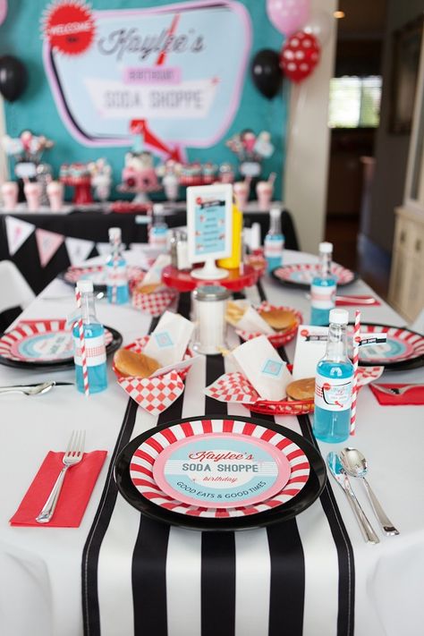 Dining Tablescape from a Retro Soda Shoppe Birthday Party via Kara's Party Ideas - The Place for All Things Party! KarasPartyIdeas.com (28) 1950s Party Ideas, 1950s Theme Party, Fifties Party, Grease Party, 50s Theme Parties, Rockabilly Party, Diner Party, Rock N Roll Party, 50s Diner