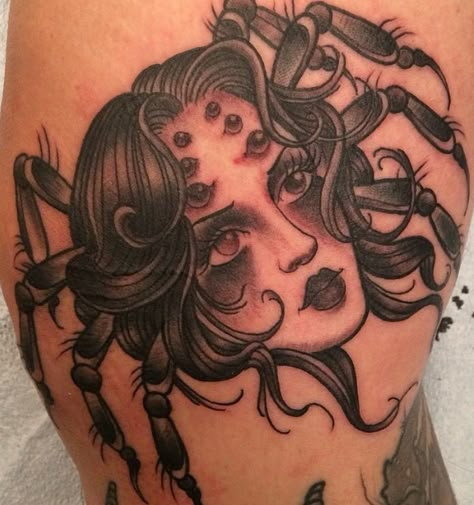 Lady spider tattoo by Brendan Rowe at Memoir Tattoo Traditional Spider Lady Head Tattoo, Lady Spider Tattoo, Spider Lady Head Tattoo, Woman Spider Tattoo, Spider With Woman Head Tattoo, Lady Head Spider Tattoo, Spider Head Tattoo, Miss Spider Tattoo, Spider Woman Tattoo