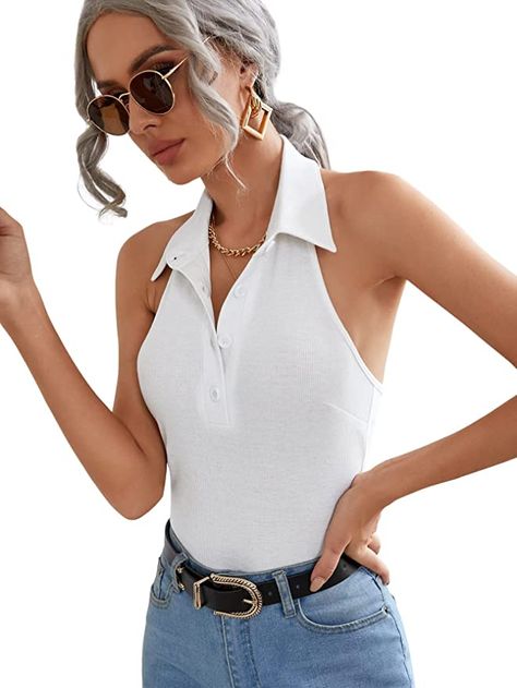 Halter Tops Outfit, Work Tank Tops, Disco Vibes, Polo Shirt Outfits, Backless Halter Top, Slim Fit Crop Top, Summer Vest, Dressy Tank Tops, Halter Tops