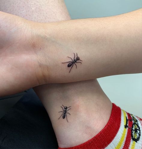 Matching Insect Tattoos, Small Ant Tattoo, Ant Tattoo Design, Ant Tattoo Cute, Matching Bug Tattoos, Tiny Bug Tattoo, Simple Bug Tattoo, Edgy Matching Tattoos, Small Bug Tattoo