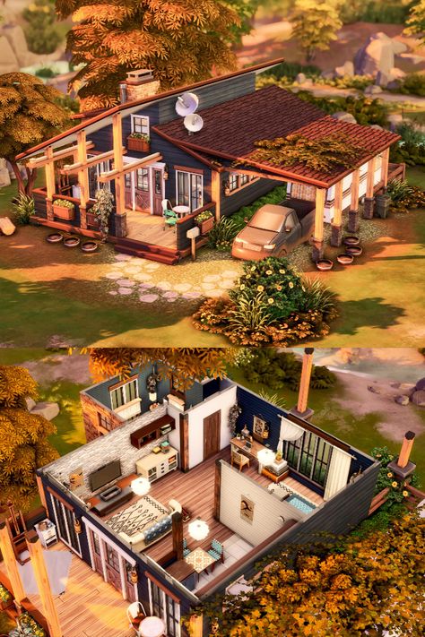 Sims 4 House With Guest House, Sims 4 Cottages, Sims Small House, Sims Tiny House, Sims 4 Patio, Sims 4 No Cc House, Sims 4 Tiny House, Autumn Cabin, Fall Cabin