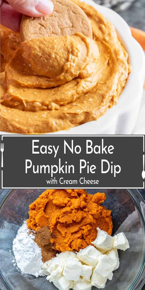 This easy Pumpkin Dip is made in 5 minutes or less with only 4 simple ingredients! It is an easy Halloween dessert or Thanksgiving dessert made with cream cheese, pumpkin puree, and pumpkin pie spice. Every bite is like a scoop of creamy, pumpkin pie. Make this pumpkin pie dip with cream cheese and serve it with graham crackers, pie crust, or ginger snaps for the perfect no bake pumpkin pie dip for parties. Pumpkin Pie Dessert Dip, Easy Pumpkin Dip With Cream Cheese, Pumpkin Pie Dip With Cream Cheese, Cream Cheese Pumpkin Dip, Cream Cheese Pumpkin Dessert, Pumpkin Cream Cheese Pie No Bake, Pumpkin Dip With Cream Cheese, Pumpkin Pie Cheesecake Dip, Dip For Parties