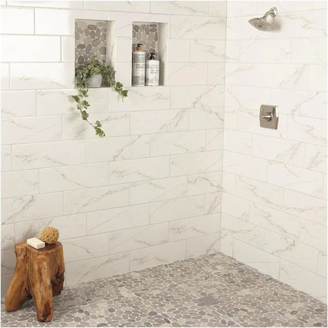 Stone Shower Floor, Master Shower Tile, Pebble Shower Floor, Marble Shower Tile, Subway Tile Showers, Pebble Floor, Interlocking Deck Tiles, Fireplace Facade, Stone Shower