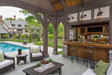 Douglas VanderHorn Architects | English Tudor Pool House Interior House Interior Blue, Vanderhorn Architects, Pool House Interior, Pool House Design, Cedar Shake, Pool House Designs, Greenwich Connecticut, Outdoor Remodel, Tudor Style Homes