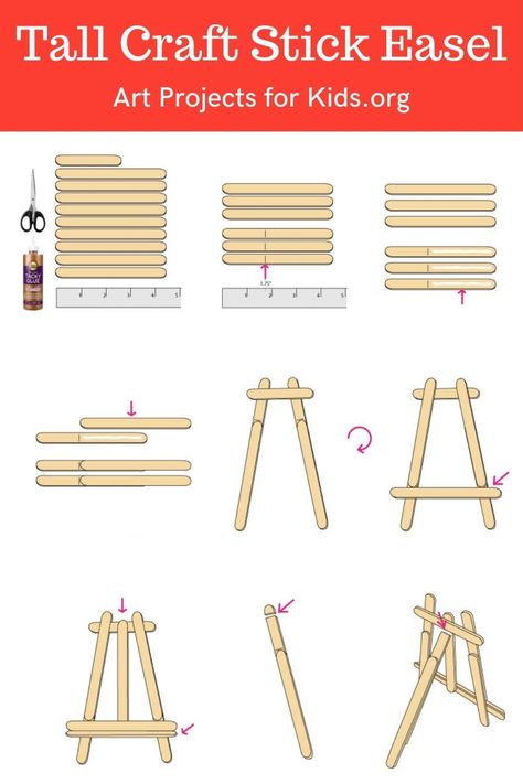 New and improved way to make a craft stick easel. This one is taller and can hold 4" square mini canvases!  See my blog post to get your own PDF tutorial.   #howtodraw #drawing #drawingtutorial #arttutorial #artprojectsforkids #howtodrawforkids #craftstick #minieasel Make An Easel, Stick Craft Ideas, Popsicle Craft, Popsicle Stick Diy, Popsicle Stick Craft, Fun Craft Ideas, Popsicle Crafts, Craft Sticks, Mini Craft