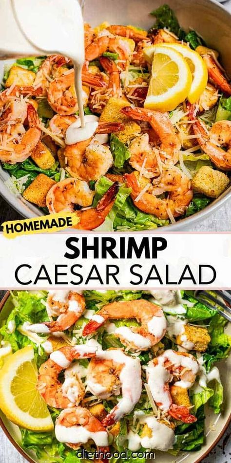 This shrimp Caesar salad features crisp romaine lettuce, crunchy garlic croutons, and a creamy homemade Caesar dressing without egg yolks, all tossed with juicy jumbo shrimp. It's a delicious and refreshing take on a classic favorite. #shrimp #caesarsalad #saladrecipe Prawn Caesar Salad, Caesar Salad With Shrimp, Shrimp Ceased Salad, Caesar Salad With Crispy Capers And Garlic Breadcrumbs, Ceaser Salad Dressing Classic, Healthy Seafood Dishes, Seafood Diet, Shrimp Salad Recipes, Caesar Salad Recipe