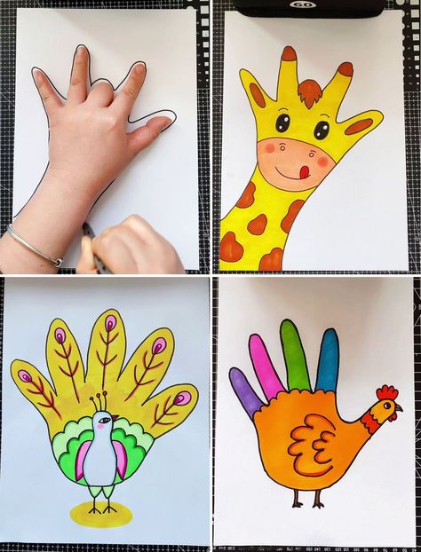 Animal Hand Drawing, Hand Animals Drawing, Kids Drawing Activities, Creative Animal Drawings, How To Draw Animals For Kids, Kids Drawings Easy, Drawing Ideas Easy Kids, Animal Activities Preschool, Drawing For Kids Easy Children