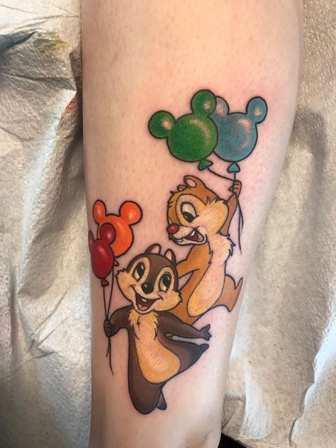 Disney Related Tattoos, Chip And Dale Tattoo Ideas, Colorful Disney Tattoos, Chip N Dale Tattoo, Disney Character Tattoos Ideas, Malamute Tattoo, Disney Balloon Tattoo, Disney Sidekicks Tattoo, Chip And Dale Tattoo