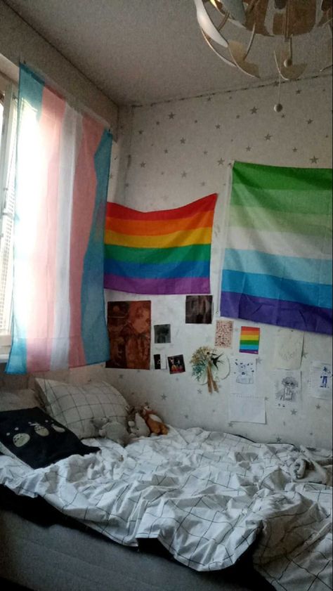 Pride Flags In Bedrooms, Pride Flag Aesthetic Room, Pride Flag Bedroom Aesthetic, Pride Flag Room Decor, Pride Flag In Room, Pride Bedroom Ideas, Pride Flag Bedroom, Trans Bedroom, Gay Room Aesthetic