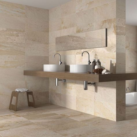 Awesome 30+ Attrative Rustic Bathroom Decoration With Wall Stone Ideas Beige Bathroom Tiles, Tile Choice, Cream Bathroom, Trendy Bathroom Tiles, Cream Stone, Stone Bathroom, Beige Bathroom, Room Tiles, Tiles Wall