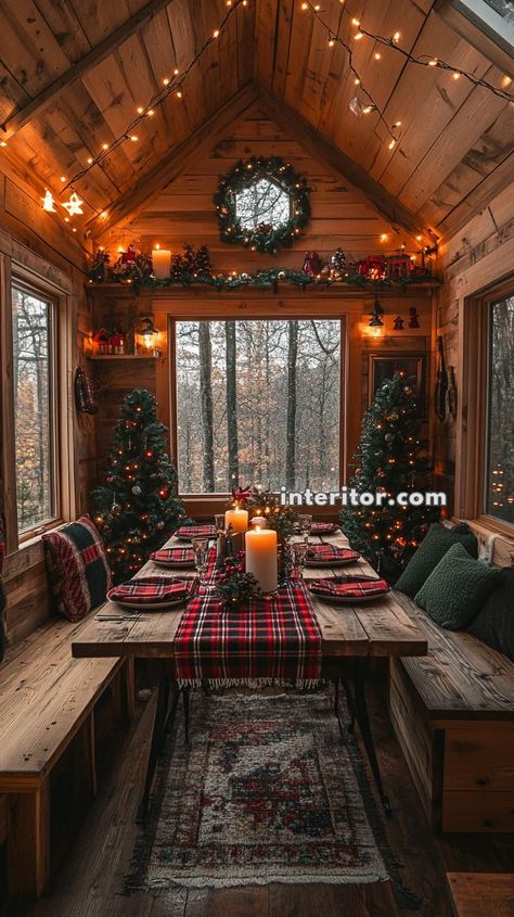 Christmas Cabin Interior, Cozy Cabin Christmas Decor, Happy Yuletide, Old Cabin Interior, Festive Decor Ideas, Cabin Christmas Decor, Cozy Winter Cabin, Winter Tumbler, Christmas Cabin