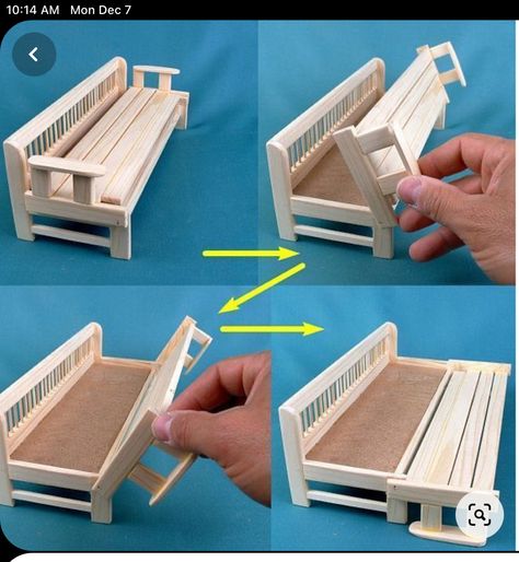 Pull Out Sofa Bed, Diy Sofa, Wooden Dollhouse, Diy Dollhouse Furniture, Barbie House, Barbie Furniture, Popsicle Sticks, Miniature Furniture, Doll Furniture