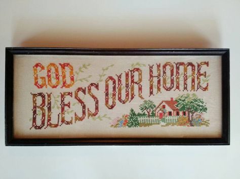 Vintage Framed God Bless Our Home Needlepoint by UpcycleInnovations on Etsy Cottagecore Cross Stitch, God Bless Our Home, Home Cross Stitch, Bless Our Home, Attic Treasures, Vintage Cross Stitch, Embroidered Napkins, Stitch Pictures, Cross Stitch Pictures