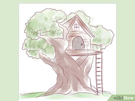 How to Draw a Tree House: 5 Steps (with Pictures) - wikiHow Tree House Drawing, Draw A Tree, House Drawing For Kids, Simple Tree House, House Design Drawing, Art For Kids Hub, Fantasy Tree, Tree House Kids, Picture Tree