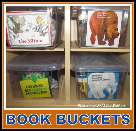 Preschool Story Telling Basket, Prop Boxes For Preschool, Literacy Bags, Kindergarten Organization, Story Sack, Prop Box, Book Bins, Book Bucket, Book Boxes