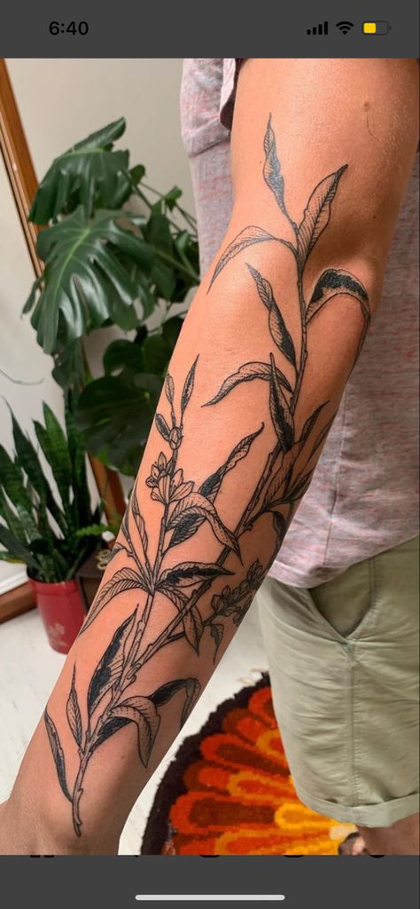 Floral Tattoo Men Forearm, Plant Tattoo Sleeve Men, Nature Arm Tattoo For Men, Leafy Forearm Tattoo, Men’s Floral Tattoos, Arm Flower Tattoo Men, Flower Forearm Tattoo Men, Botanical Leaf Tattoo, Plant Themed Tattoos