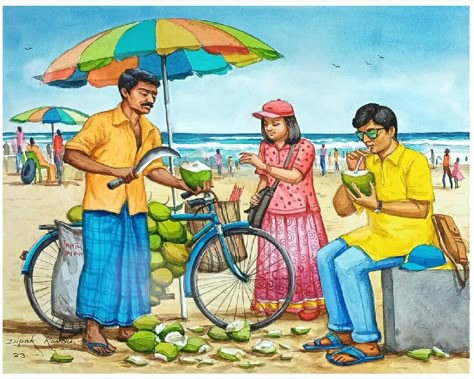 Beach Memory Drawing, Coconut Seller Drawing, Landscape With Human Figure Painting, Water Colour Senary Painting, Senary Drawing Watercolor, Memories Drawing Ideas, Drawing Composition Ideas, Village Life Drawing, Beach Drawing Sketches