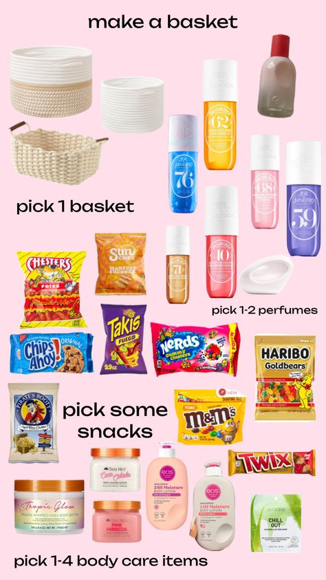 make a basket for your friend Basket Ideas For Friends, Gift Baskets For Friends, Peanut Snacks, Make A Basket, Making A Gift Basket, Tree Hut, Gift Basket, For Friends, Body Lotion