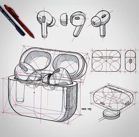 Airpods Sketch Design, Industrial Sketch Products, Product Sketches Industrial, Industrial Design Sketch Products, Object Design Sketch, Airpods Sketch, Industrial Product Design Sketch, Product Design Sketch Concept, Object Sketches