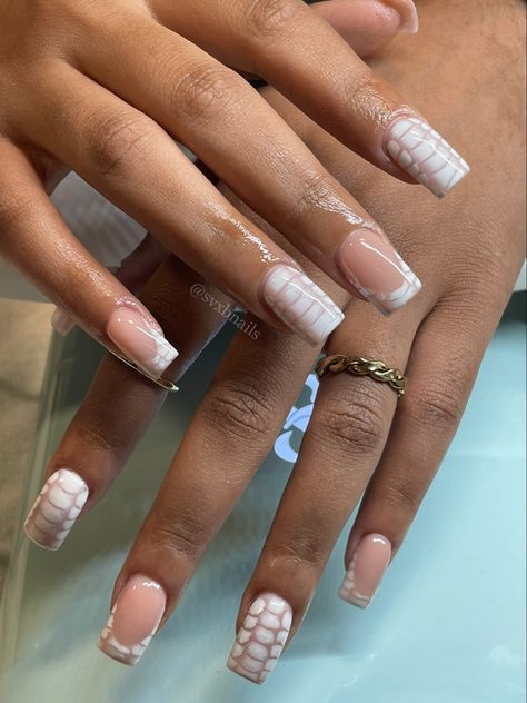 Short French Croc Nails, French Tip Nails With Crocodile Design, White Croc Nails French Tip, Short Croc Acrylic Nails, Croc Frenchies Nails, Short Nails Crocodile, Alligator Nails Short, Croc Nail Design Short Nails, Matte Croc Nails