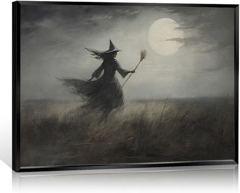 ogyormpi Vintage Halloween Canvas Wall Art, Framed Victorian Ashland Witch In Moonlight Meadow Poster, Creepy Halloween Full Moon Night Sky Print, Scary Witch Silhouette Pictures 12x16in Family Living Room Decor, Witch Silhouette, Scary Witch, Silhouette Pictures, Full Moon Night, Wall Canvas Painting, Halloween Wall Art, Moon Night, Creepy Halloween