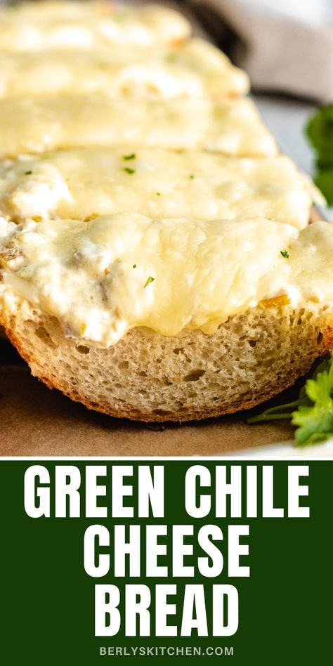 Loaf of green chile cheese bread on a baking sheet. Green Chili French Bread, Green Chili Cheese Toast, Monterey Jack Bread, Garlic Bread With Cream Cheese, Green Chili Bread, Bread Uses, Easy Breads, Green Chef Recipes, Green Chile Recipes