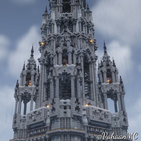 I used Vienna's City Hall Tower as the reference for this build.  Turned it into a bit of a fantasy build :) Gothic Mansion Minecraft, Evil Castle Minecraft, Gothic Architecture Minecraft, Dark Fantasy Minecraft, Dark Castle Minecraft, Minecraft Gothic Castle, Minecraft Megabase, Minecraft Gothic Builds, Minecraft Fantasy Castle