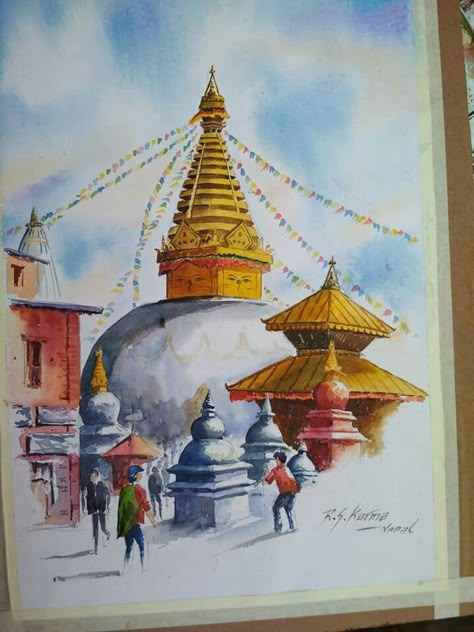 Nepal Temple Drawing, My Country My Pride Nepal Drawing, Nepali Culture Drawing, Nepali Culture Art, Nepali Painting, Nepali Art, Mountain Painting Acrylic, Nepal Art, Nepal Culture