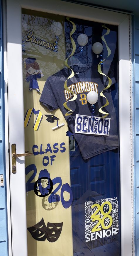 This is our front door I decorated for my senior daughter.  It is just something to do since she missed out on so many senior activities!  Everything was done with my Cricut besides the shirt.  #classof2020strong Senior Year Door Decorations, Senior Door Ideas, Graduation Door Ideas, Graduation Wreaths For Front Door, Senior Door Decorations Ideas, My Senior Daughter, Senior Class Decoration Ideas, Graduation Door Decorations, Cheer Decor