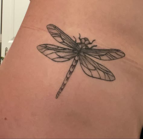 Dragonfly Tattoo Shaded, Shaded Dragonfly Tattoo, Dragonfly Tattoo Traditional, Dragonfly Hip Tattoo, Traditional Dragonfly Tattoo, Tattoo Ideas Red Ink, Dragonfly Back Tattoo, Dragonfly Tattoo Design With Flowers, Small Hip Tattoo