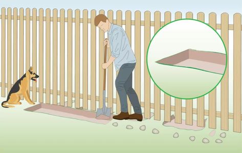 Dog Digging Under Fence Prevent, Fence Barrier For Dogs, Stop Dog From Digging Under Fence, How To Keep Dogs From Digging Out Fence, No Dig Fence Dogs, No Dig Dog Fence Ideas, Dog Digging Under Fence, Keep Dogs From Digging, Dog Window In Fence