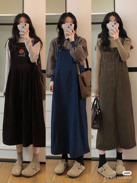 Jumper Dress Outfit Korean, Denim Jumper Dress Outfit, Jumper Dress Outfit, Female Clothes Outfits, Stylish Outfits Casual, Fashion Top Outfits, Easy Trendy Outfits, Stylish Work Outfits, Trendy Fashion Outfits